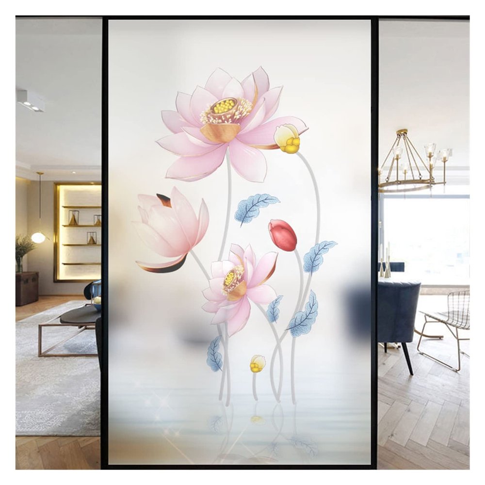 Decorative Window Film, Lotus Flower Pattern, Stained-Glass Look, No Adhesive, Static Cling, Frosted, Pattern G, 70 x 120 cm (W x H)