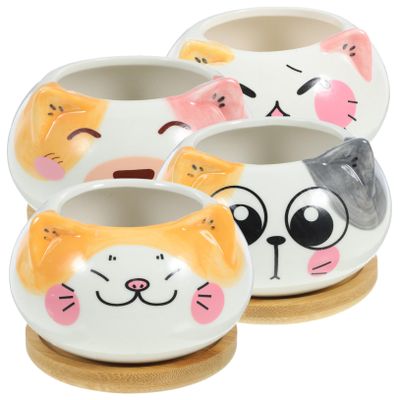 HANABASS 4-Piece Ceramic Succulent Pots with Bamboo Saucers
