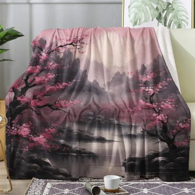 Plush Japanese Cherry Blossom Blanket, 130 x 160 cm