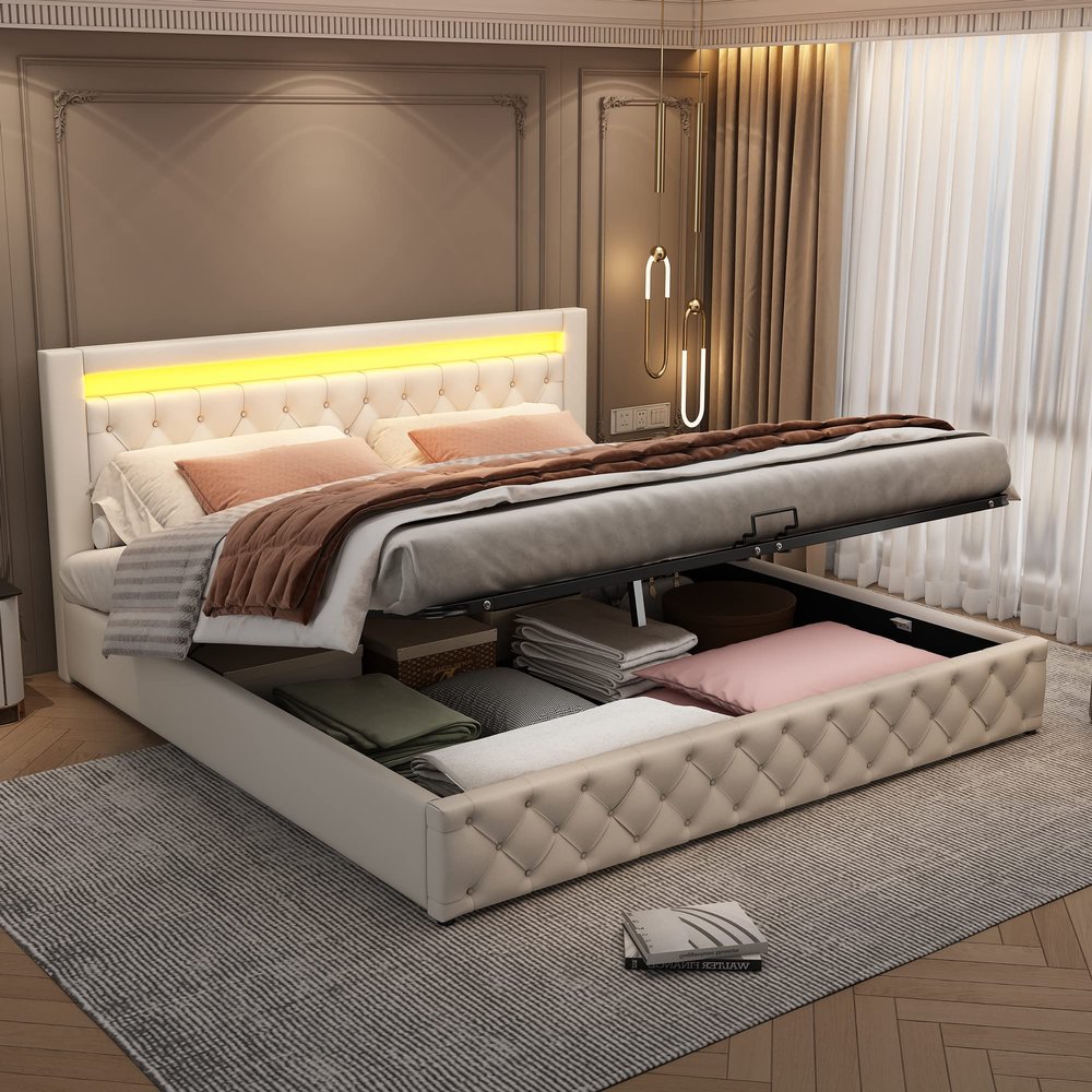 Kehun Upholstered Double Bed 180 x 200 cm with LED Headboard, Hydraulic Storage, White PU, No Mattress, KH-465