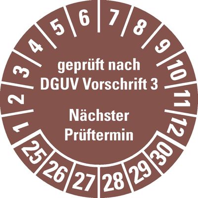 Dreifke Inspection Sticker, Tested per DGUV Regulation 3, Next Inspection Date 25–30, Brown, Removable Film, 35 mm, 10-Pack