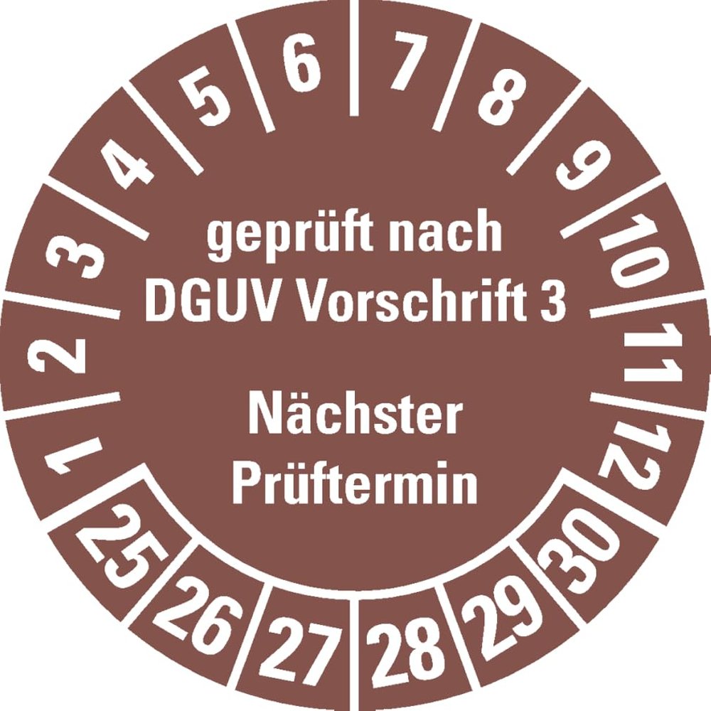 Dreifke Inspection Sticker, Tested per DGUV Regulation 3, Next Inspection Date 25–30, Brown, Removable Film, 35 mm, 10-Pack