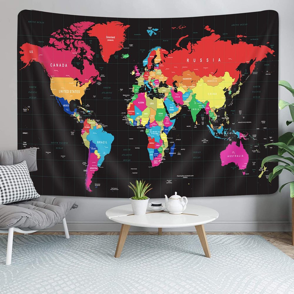 World Map Tapestry, Black Vintage Topographic Map