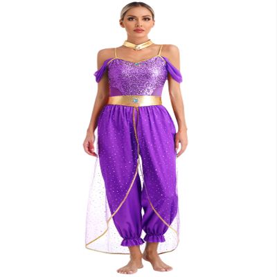 TiaoBug Women's Princess Costume Set, Sequin Crop Top, Wide-Leg Pants and Rhinestone Headband, Purple, 4XL