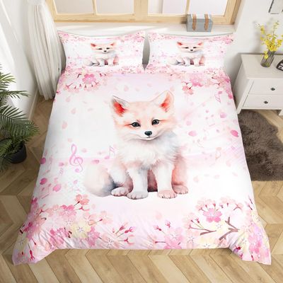 Cartoon Fox Pink Duvet Cover Set with Pillowcase