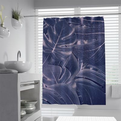 SHUODAOCO Gray and Blue Leaves Tropical Plant Shower Curtain with Hooks, Waterproof, Washable, 90 W x 180 L cm