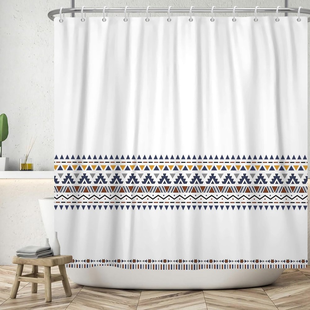 ASDCXZ Boho Shower Curtain 165 x 180 cm, Navy Blue, Yellow and Brown Geometric Pattern