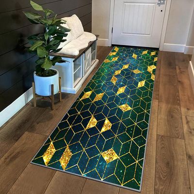Siunwdiy Diamond Kitchen Runner Rug, Green-Blue-Gold, Non-Slip, Washable, 13.80 x 200 cm