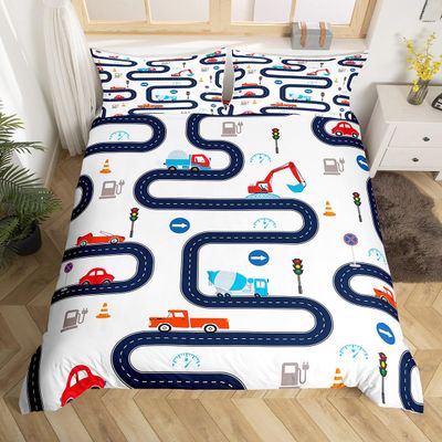 Manfei Excavator Cartoon Car Duvet Cover Set, L Size, Navy and White