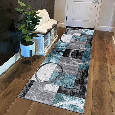 Siunwdiy Washable Non-Slip Runner Rug for Hallway or Kitchen, Gray-Turquoise-White Geometric Patchwork, Cut-to-Length, 110 x 160 cm