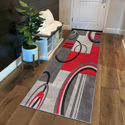 Siunwdiy Geometric Patchwork Runner Rug, Washable Non-Slip Hallway and Kitchen Rug, Customizable Length, Gray and Red, 6.5 x 400 cm