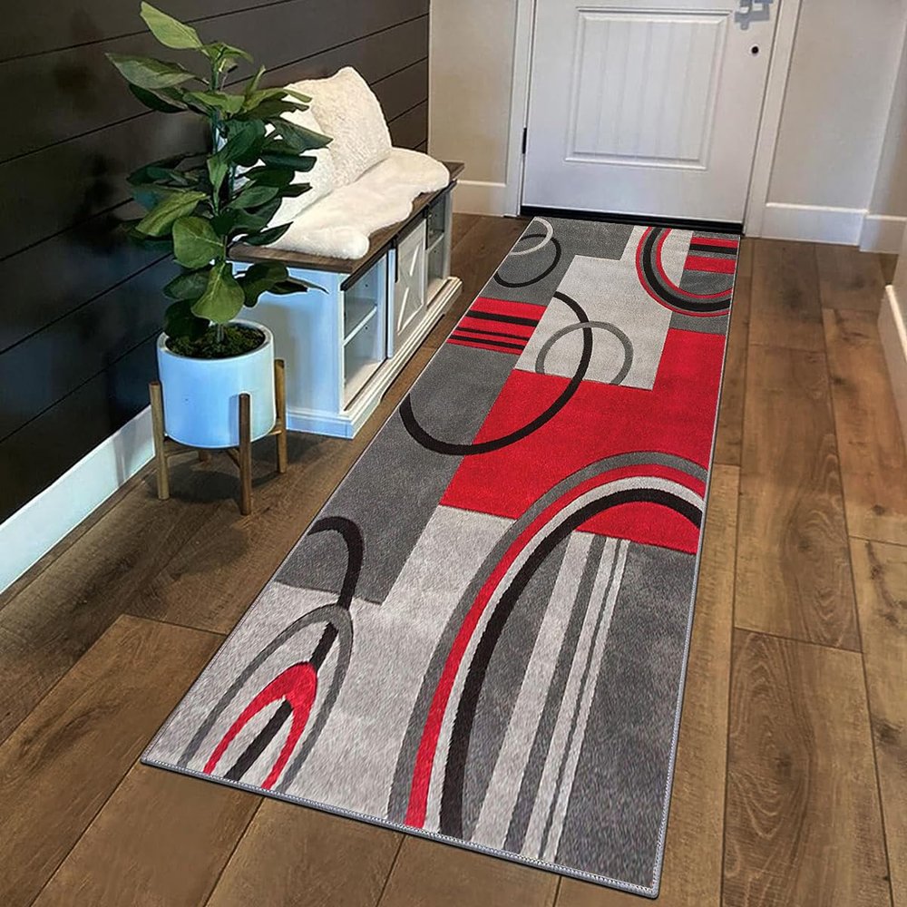 Siunwdiy Geometric Patchwork Runner Rug, Washable Non-Slip Hallway and Kitchen Rug, Customizable Length, Gray and Red, 6.5 x 400 cm