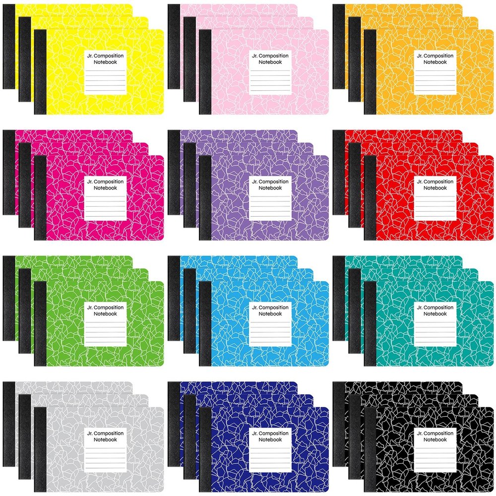 Resurhang 36-Pack Junior Composition Notebooks, Half-Size, Wide-Ruled, 80 Sheets, Assorted Marble Covers