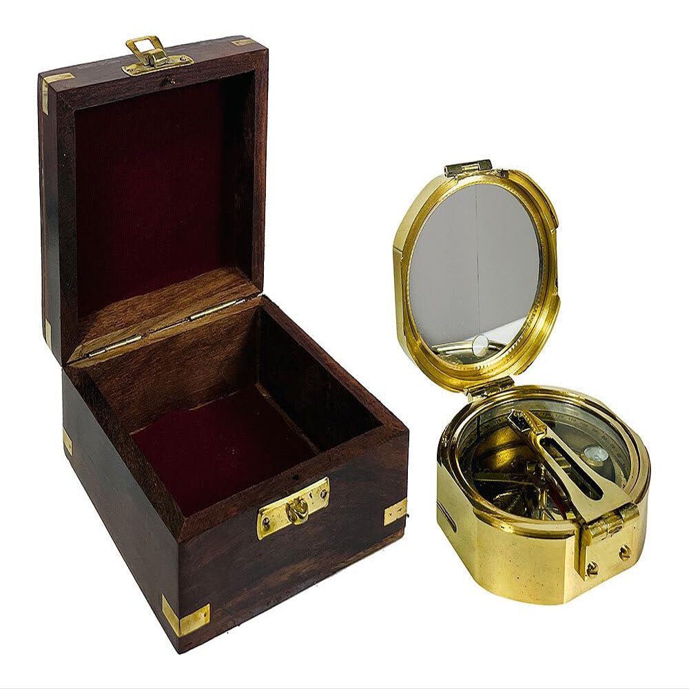 zeitzone Sextant Nautical Compass, Brass, in Wooden Box, Antique Style