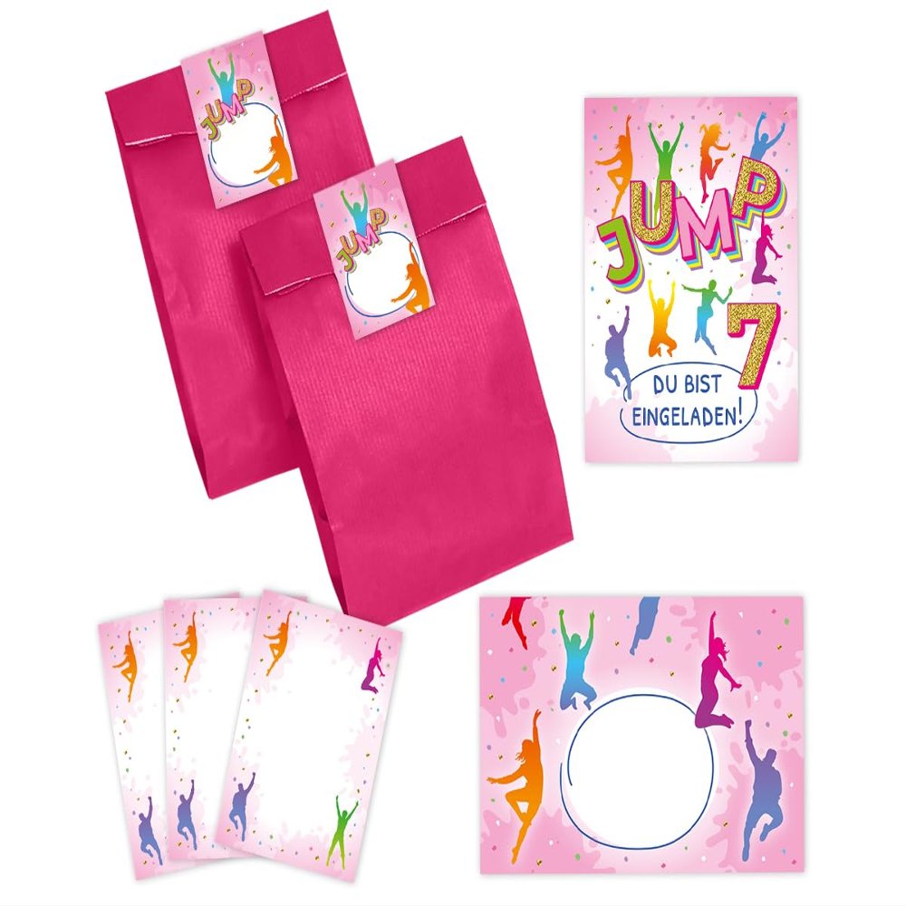 12 Girls' 7th Birthday Jump Trampoline Invitations with Envelopes and Party Supplies
