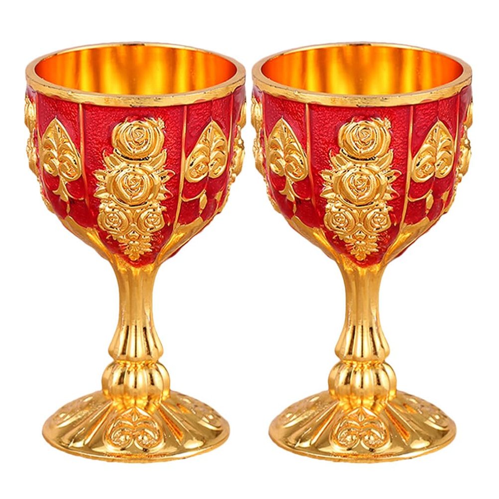 Zerodeko 2-Piece Set of Embossed European-Style Shot Cups, Small Reusable Metal Wine Goblets, Retro Cups for Camping