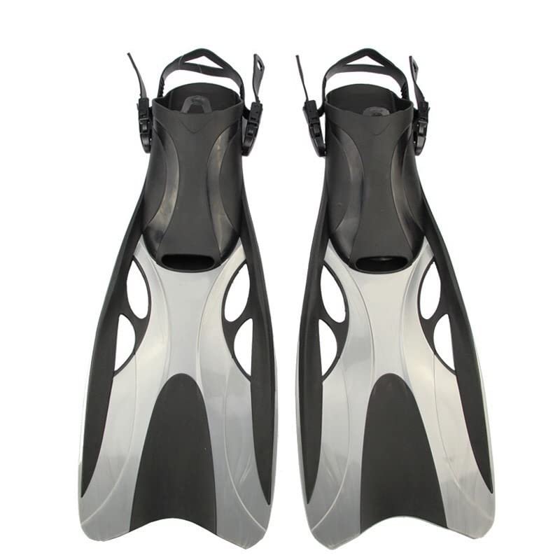 Adult Adjustable Swim Fins, Open-Heel Diving & Snorkeling Fins, Long Blades (Gray, L/XL)