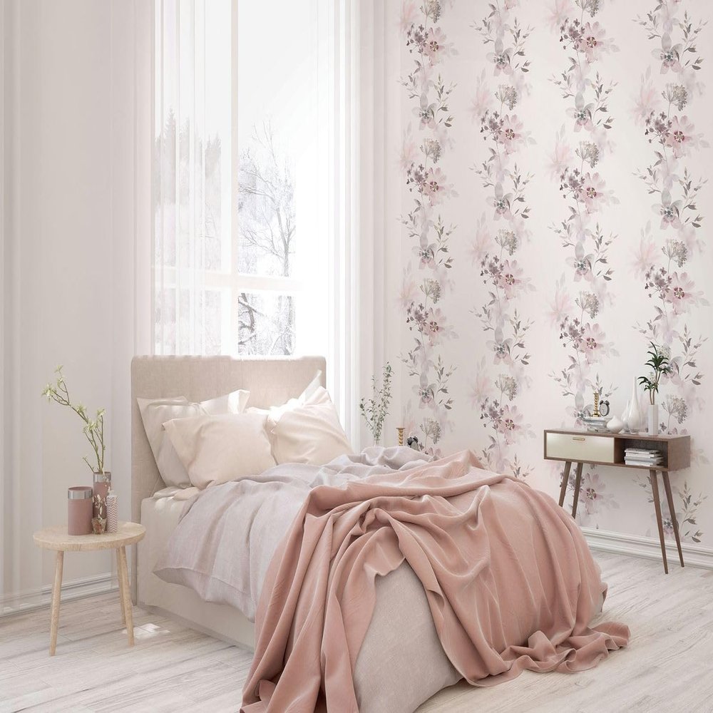 Novamur Non-Woven Wallpaper Floral Watercolor Flowers Leaves White Pink Beige 81623