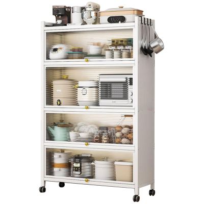 Kitchen Storage Cabinet with Doors, 5-Tier Microwave Stand with Locking Casters