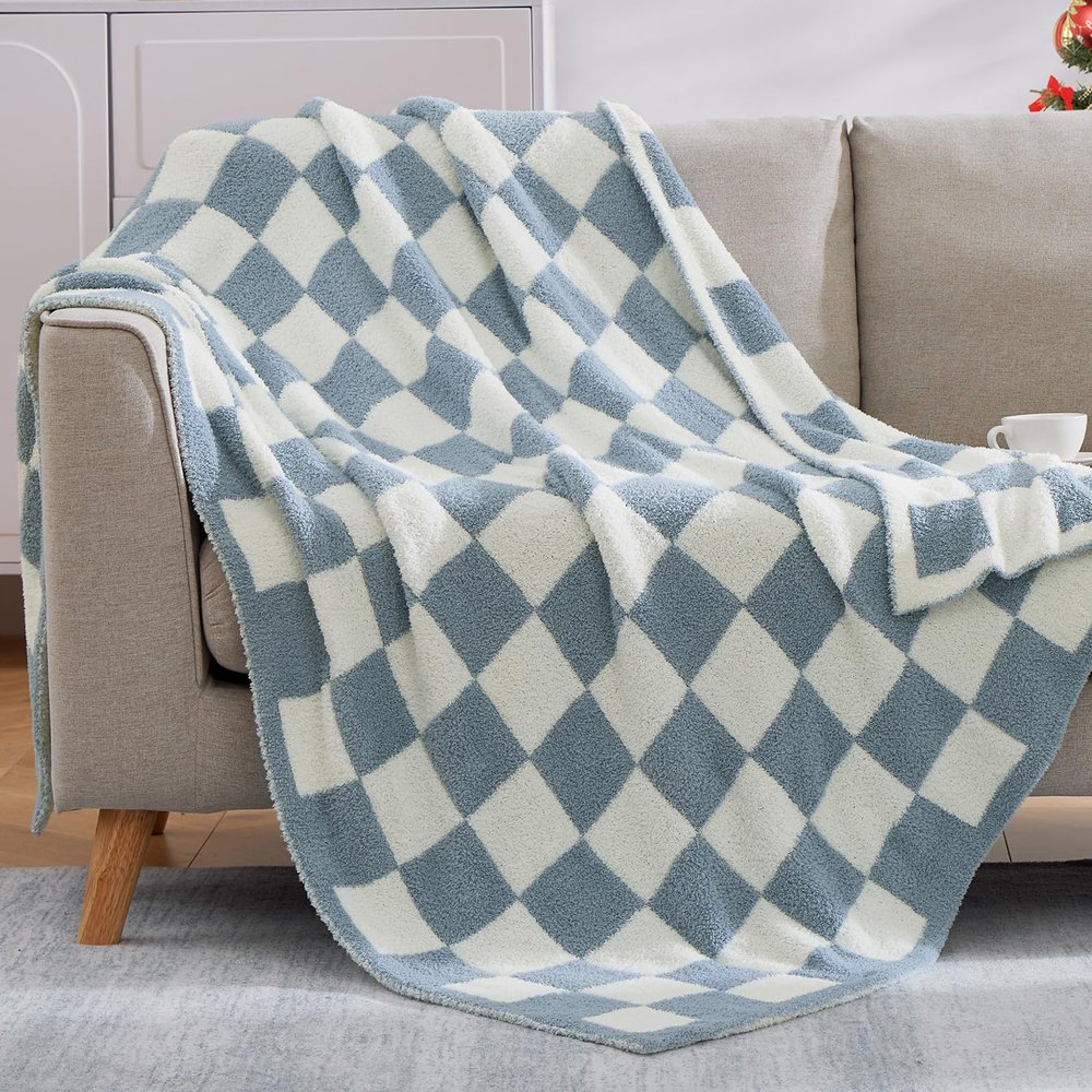 Wrensonge Gray-Blue Plaid Throw Blanket, Soft and Fluffy, Handmade, 152 × 203 cm