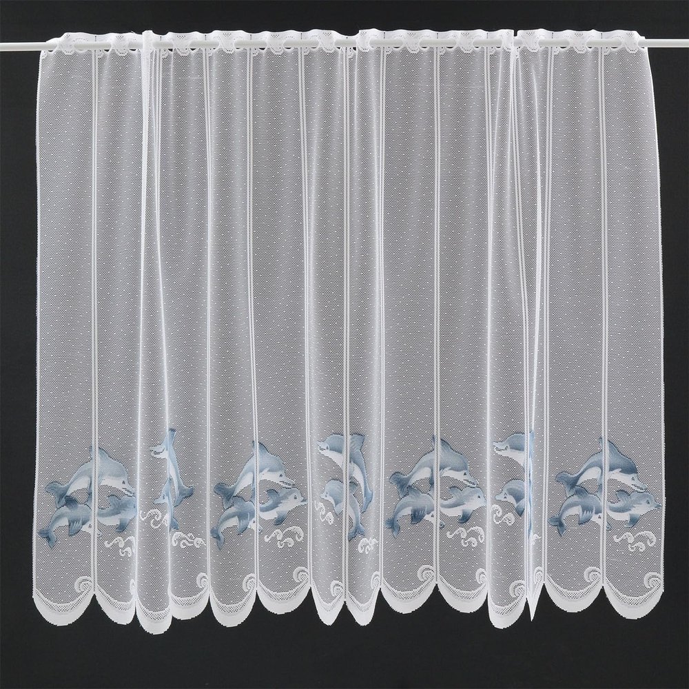 Kranzusch Dolphin Cafe Curtain 90 x 198 cm H/W, White/Gray-Blue, 1-Pack