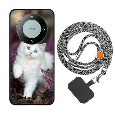 Vingarshern Case Compatible with Huawei Mate 60 Pro, Silicone Case with Aesthetic White Cat Pattern, Shock-Resistant Case with Adjustable Lanyard