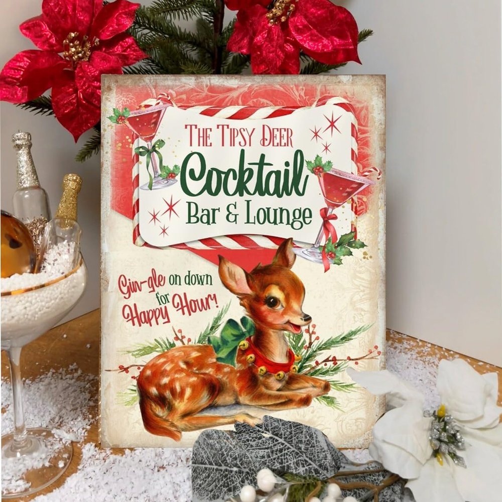 Retro Red Metal Tin Sign, 1950s Christmas Cocktail Bar Print, 8 x 12 in