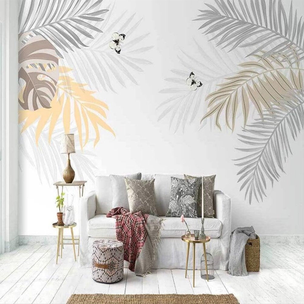 Photo Wallpaper for Kids' Room, Hand-Drawn Palm Leaf Plant, Non-Woven, 250 x 175 cm - M221124