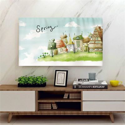 Treer Universal TV Dust Cover, Elastic Polyester Cover for 22–75-Inch TVs and PC Screens, Happy Village, 50-Inch