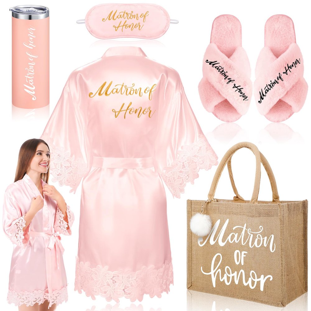 Handepo Bridal Robe Set with Slippers, Cup, Eye Mask & Tote