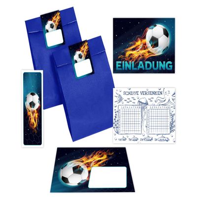 Minkocards 8 Football Birthday Invitations for Boys, with Envelopes, Blue Party Bags, Stickers, Bookmarks & Battleship Game