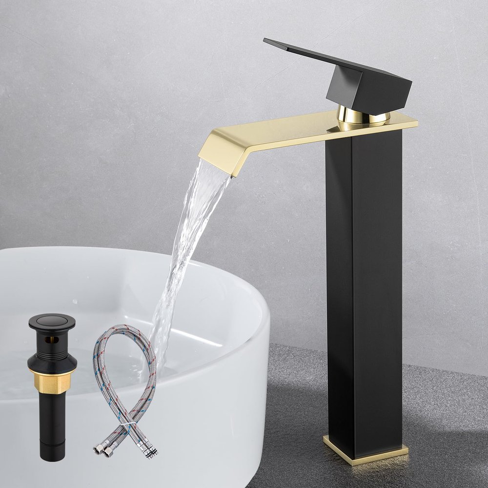 Borlon Waterfall Bathroom Faucet with Metal Pop-Up Drain, Matte Black and Gold, SUS304 Stainless Steel