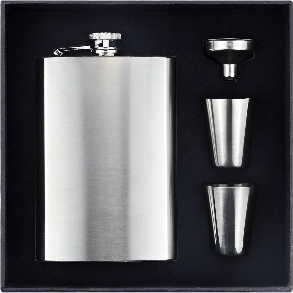 BSTMOME 304 Stainless Steel Hip Flask Set, 210 ml, with 2 Shot Glasses, Funnel and Gift Box, Silver