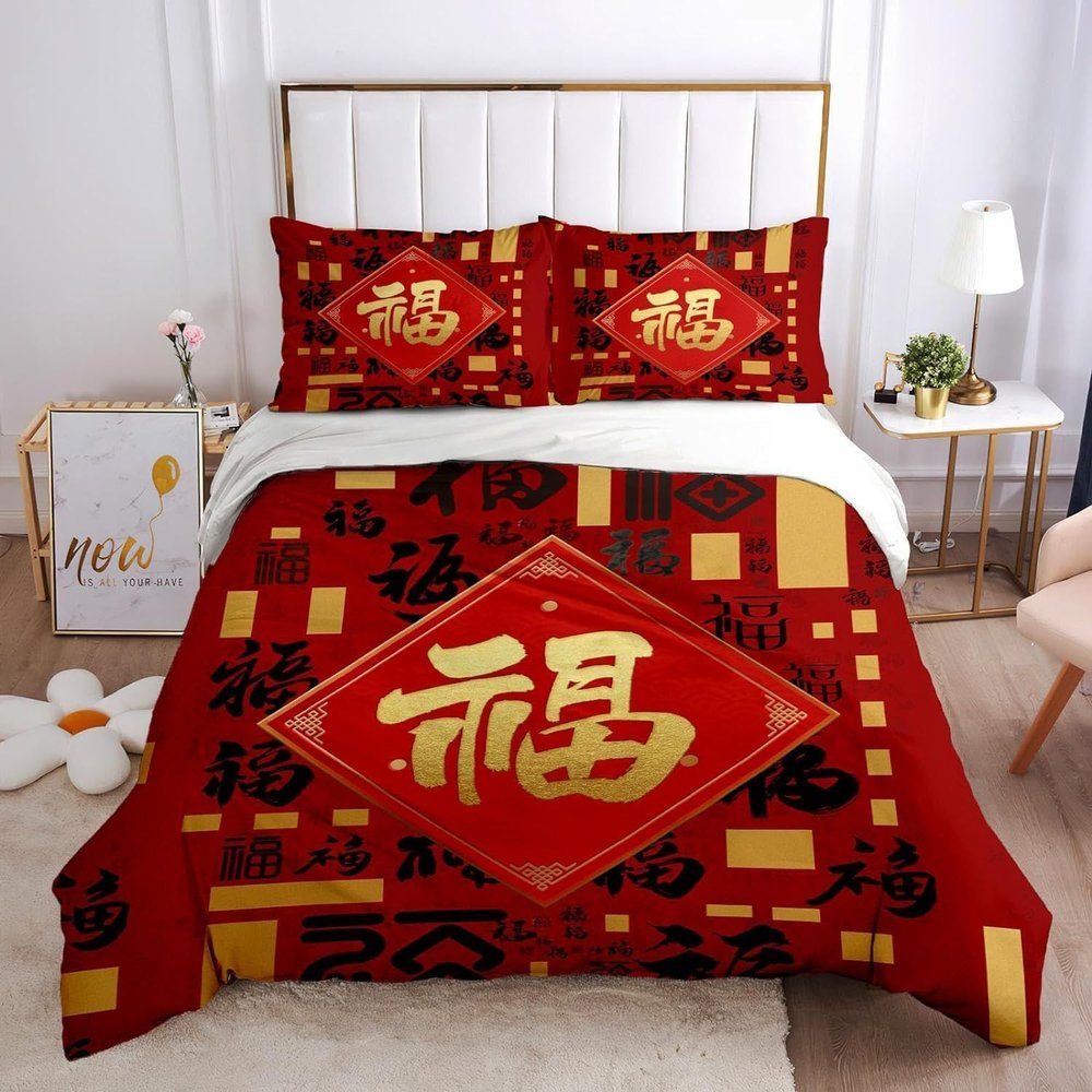 Chinese New Year Style 3-Piece 3D Microfiber Bedding Set, 140 x 200 cm