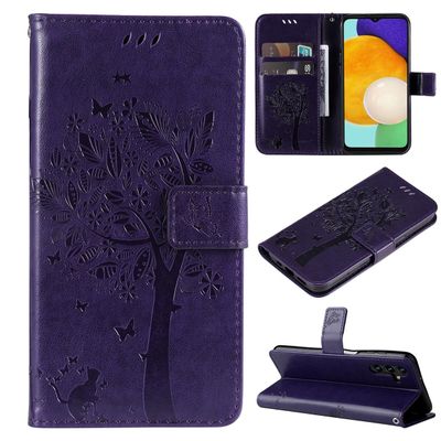 PU Leather Flip Wallet Case for Samsung Galaxy A13 5G, Tree Cat Pattern, Purple