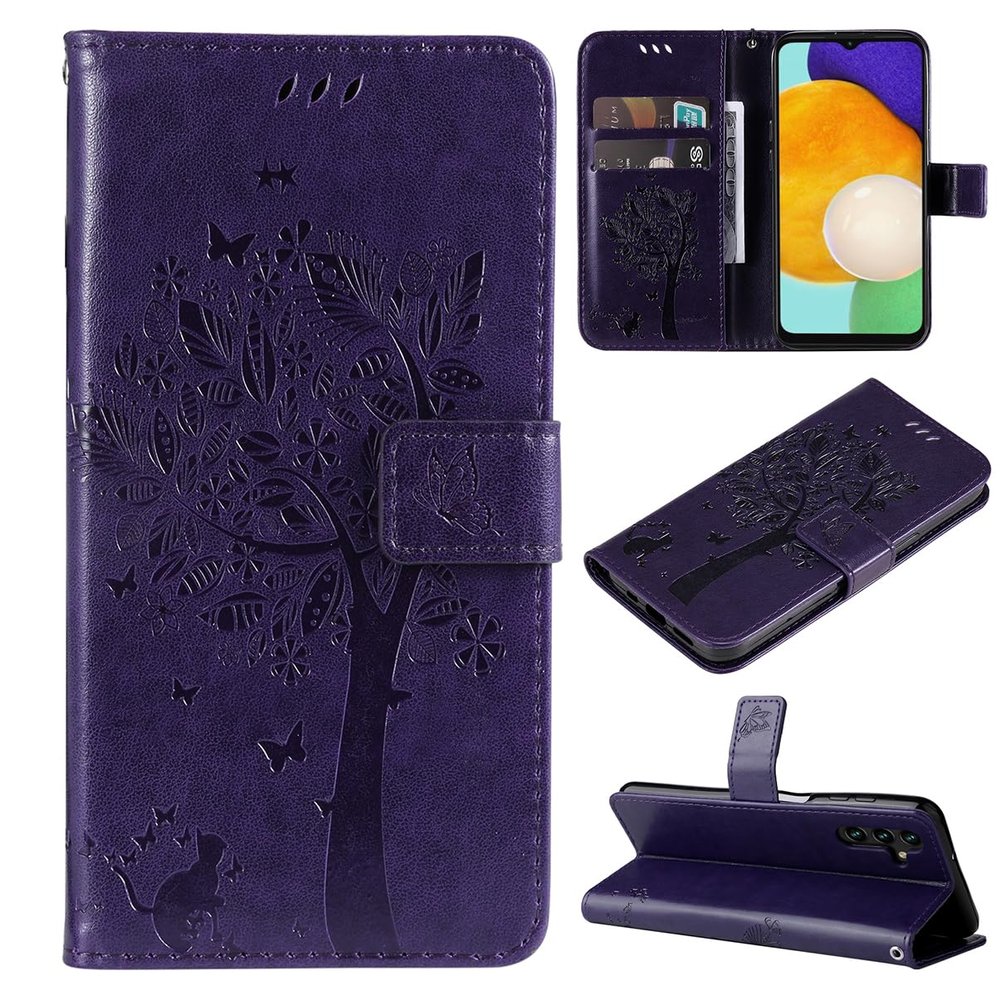 PU Leather Flip Wallet Case for Samsung Galaxy A13 5G, Tree Cat Pattern, Purple