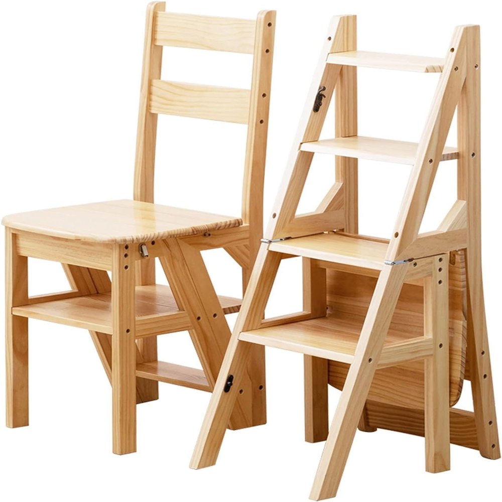 Folding Solid Pinewood Ladder Chair, 4-Step Stool