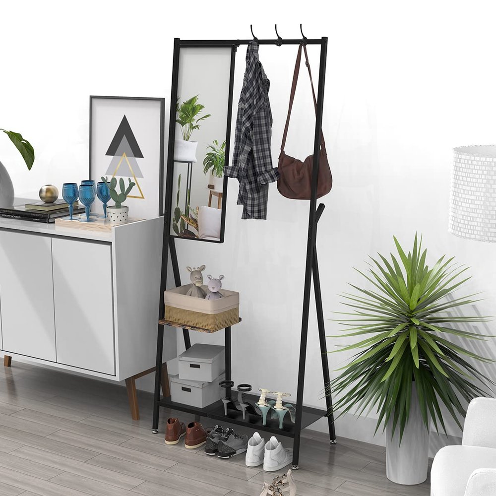 SPOFLYINN Aluminum Hall Tree with Mirror Bench and Shoe Racks, 180 x 81 x 38 cm, Black + Brown, One Size