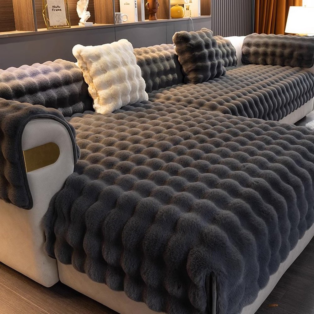 1/2/3/4-Seater Non-Slip Sofa Cover for L/U-Shaped Sectional Sofas, Plush Faux-Fur Throw