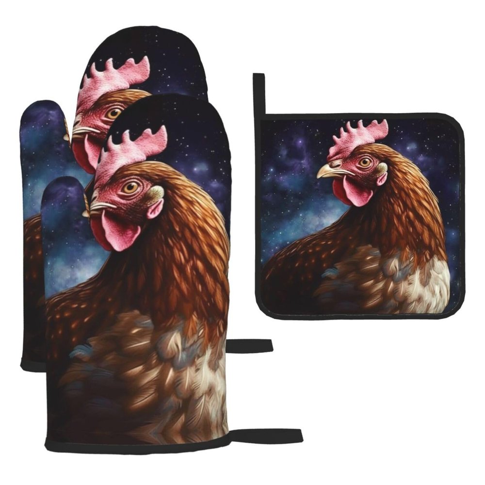 Galaxy Chicken Oven Mitt and Pot Holder Set, Heat-Resistant, Waterproof, Non-Slip, 3-Piece