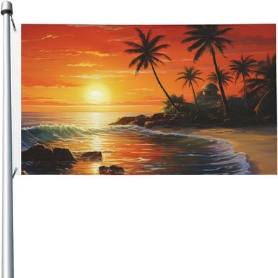 Palm Tree Sun Landscape Lighthouse Sunrise Flag 3x5 FT, Outdoor Garden Flag