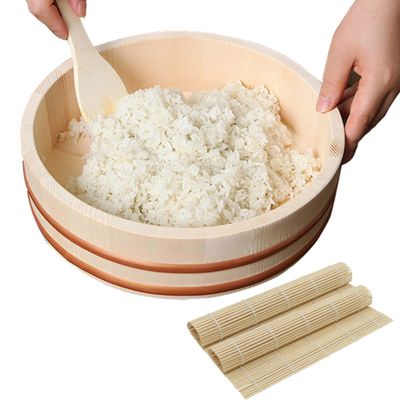 Samnuerly Wooden Sushi Rice Mixing Bowl with Copper Band, 11 Sizes, Japanese-Style Sushi Bucket, 70 x 16 cm