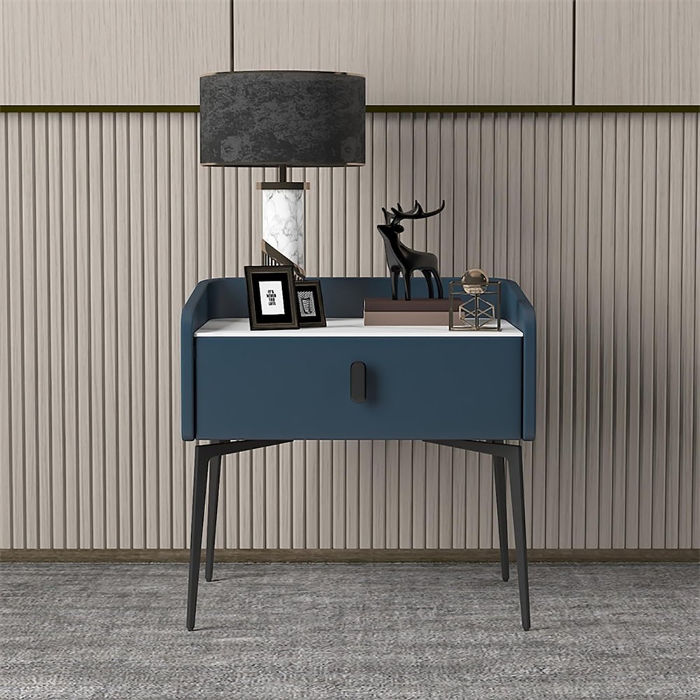 Modern Minimalist Solid Wood Bedroom Nightstand with Slate Top and Drawer, Gray