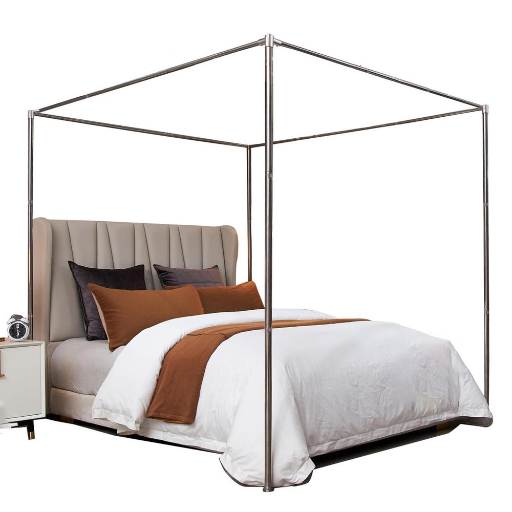 VELSKUD Thick Stainless Steel Canopy Bed Frame, 4-Post Canopy with Mosquito Curtains, Silver, King