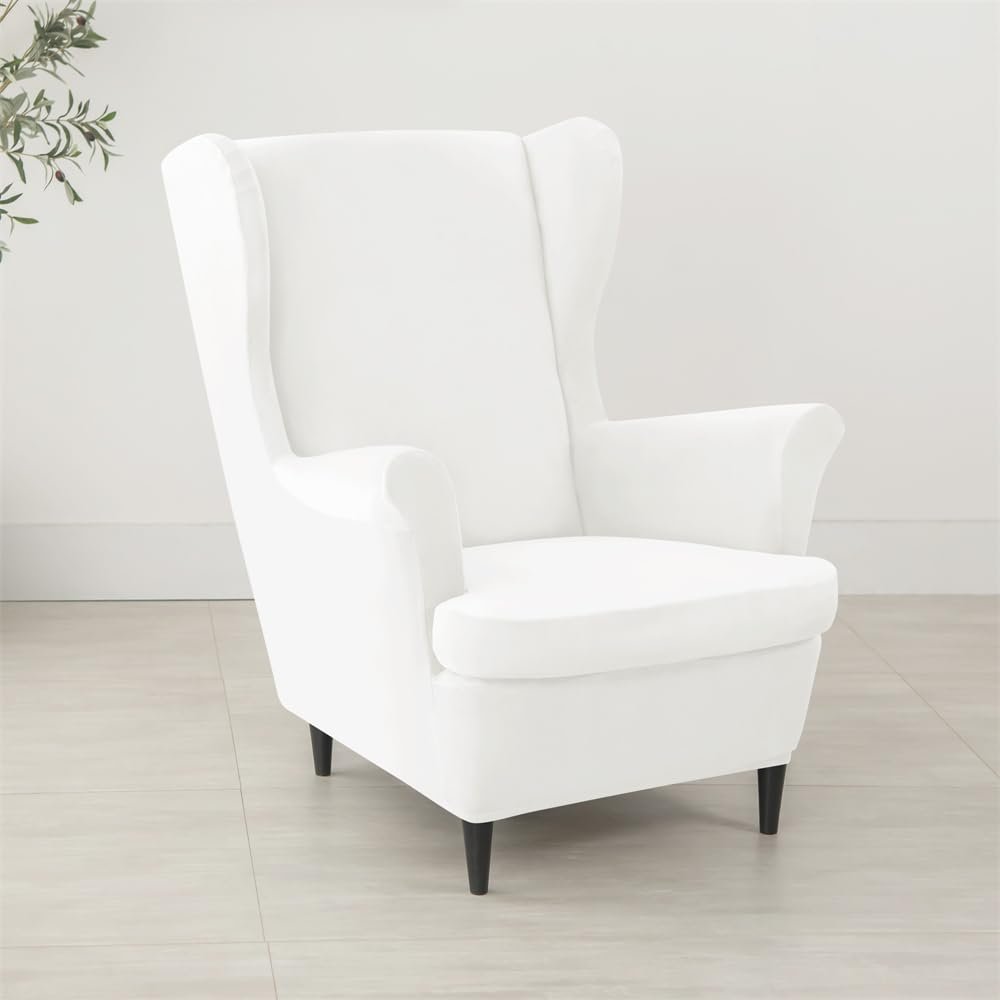 Highdi 2-Piece Velvet Wingback Chair Slipcover with Ottoman Cover, White