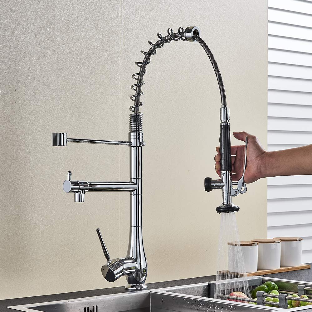 Chrome Kitchen Sink Faucet with Dual Handles and Dual Spouts