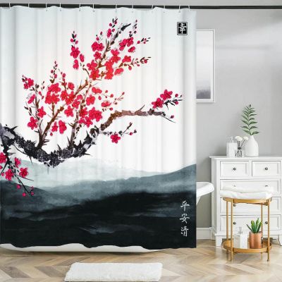 KEPPD Chinese-Style Ink Landscape Flower Shower Curtain, Polyester, Waterproof, 12 Hooks, 180 x 180 cm