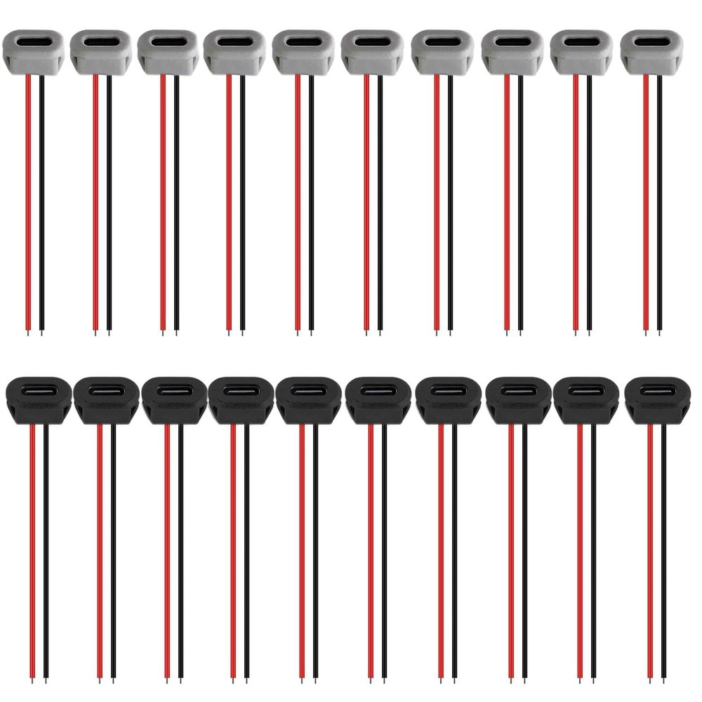 RUNCCI-YUN 20-Pack USB-C Panel-Mount Socket Pigtail Cables, 2-Wire, 3A, Black and White
