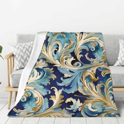 Blue and Gold Florentine Print Fleece Throw Blanket