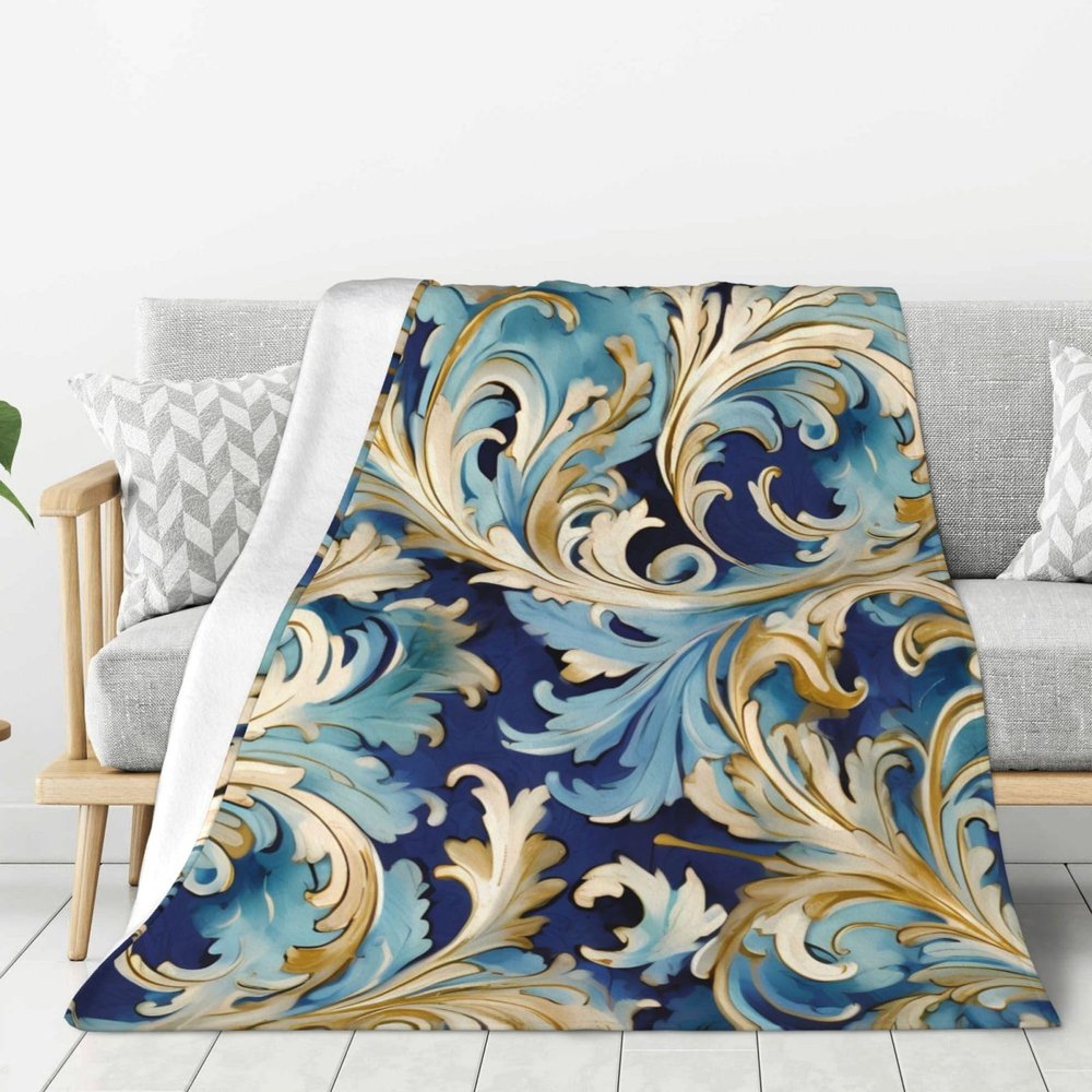 Blue and Gold Florentine Print Fleece Throw Blanket